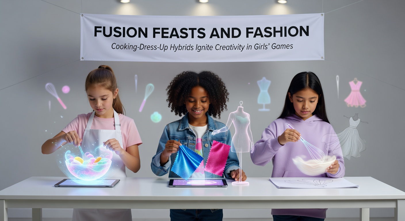 Group of diverse girl avatars hosting a fashion feast, serving colorful dishes on a table lined with elegant dresses and accessories