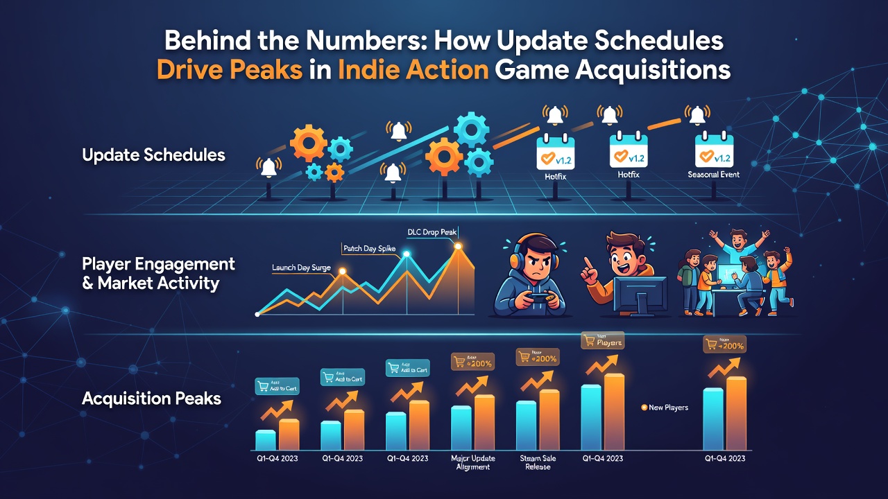 Graph illustrating player acquisition trends before and after scheduled indie game patches in 2026