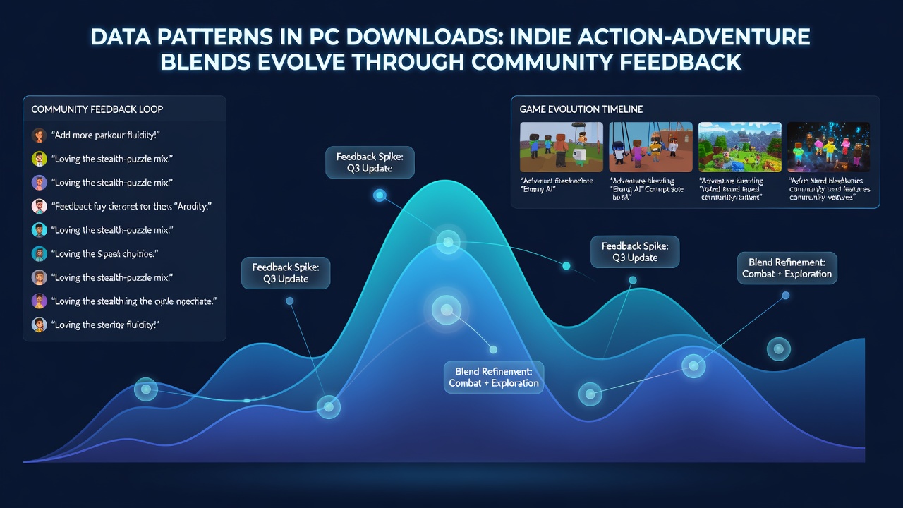 Community forum screenshots and patch update timelines overlaid on download volume graphs for indie titles