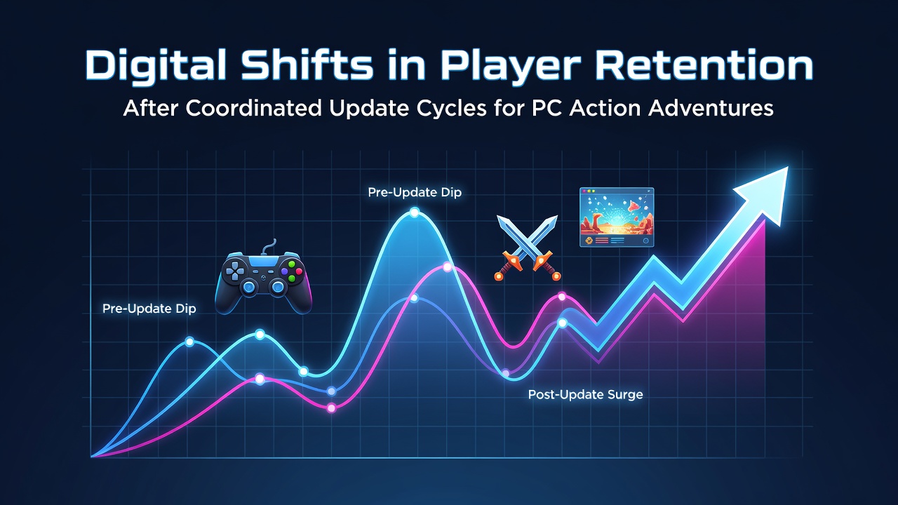 PC action-adventure game interface showing update notification adn player metrics dashboard