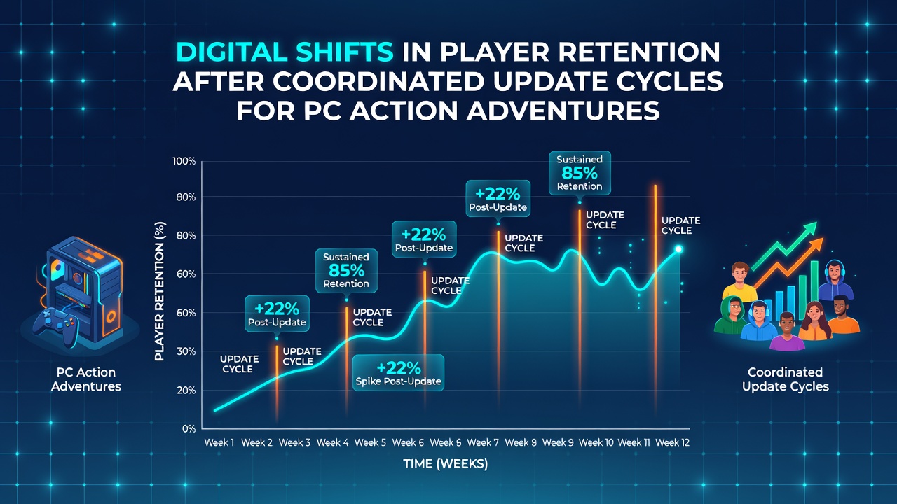 Graph displaying player retention curves following coordinated update cycles in PC action-adventure games