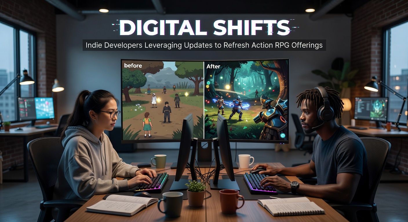 Indie developers reviewing code updates for action RPG titles on multiple monitors
