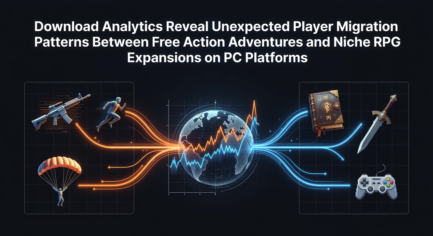 Analytics dashboard displaying download trends and player migration between action adventures and RPG expansions on PC