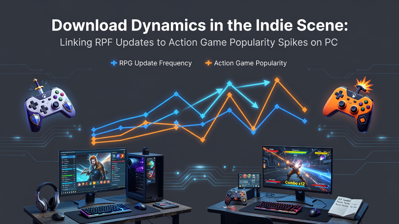 Chart displaying indie PC download trends with RPG patch timelines overlaid on action game spikes