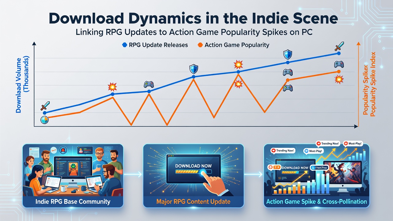 Timeline graphic of indie game download volumes during RPG update periods in 2026