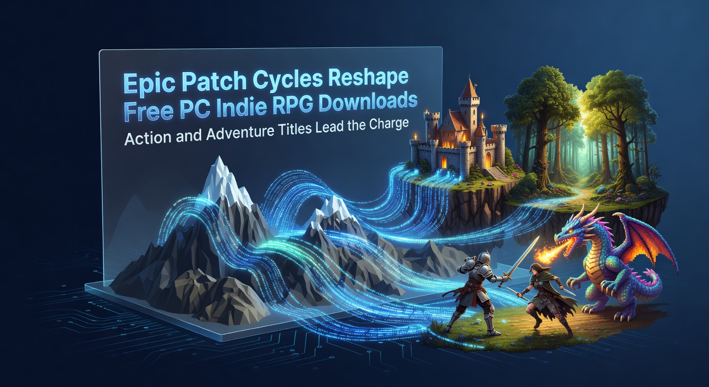 Line graph depicting sharp download spikes for free indie PC RPGs following major patch releases, with action and adventure genres peaking in April 2026