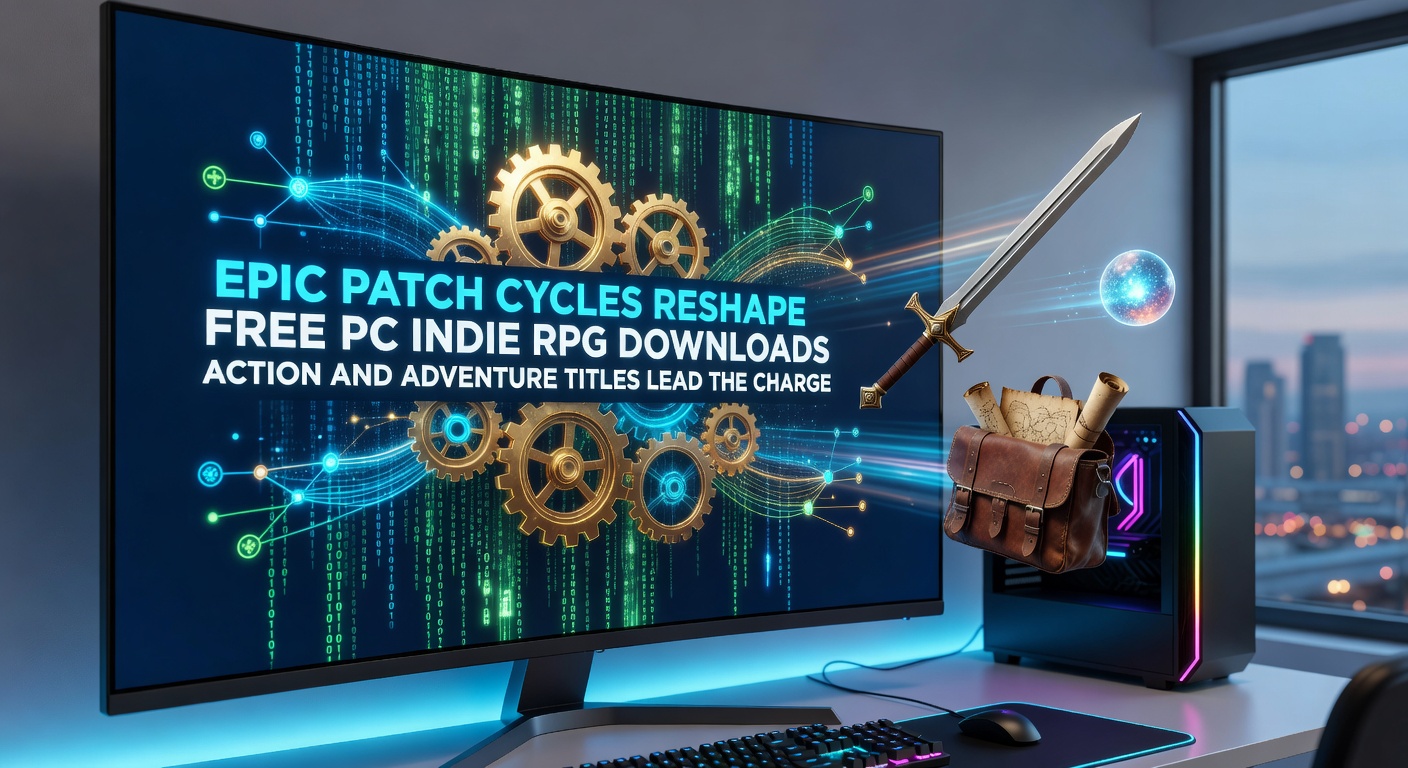 Vibrant screenshot from a free indie action-adventure RPG showcasing dynamic combat, expansive maps, and patch-highlighted features like new boss arenas