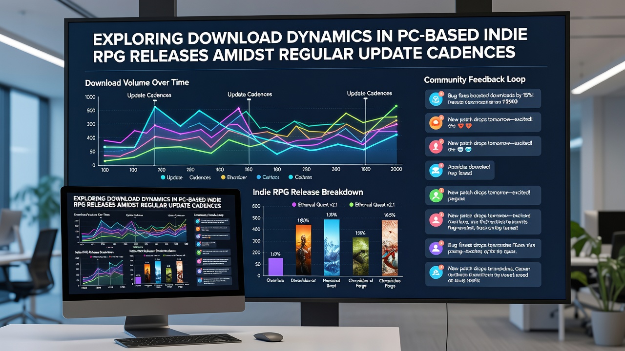 Chart showing download spikes aligned with update releases for several indie RPG titles on PC platforms