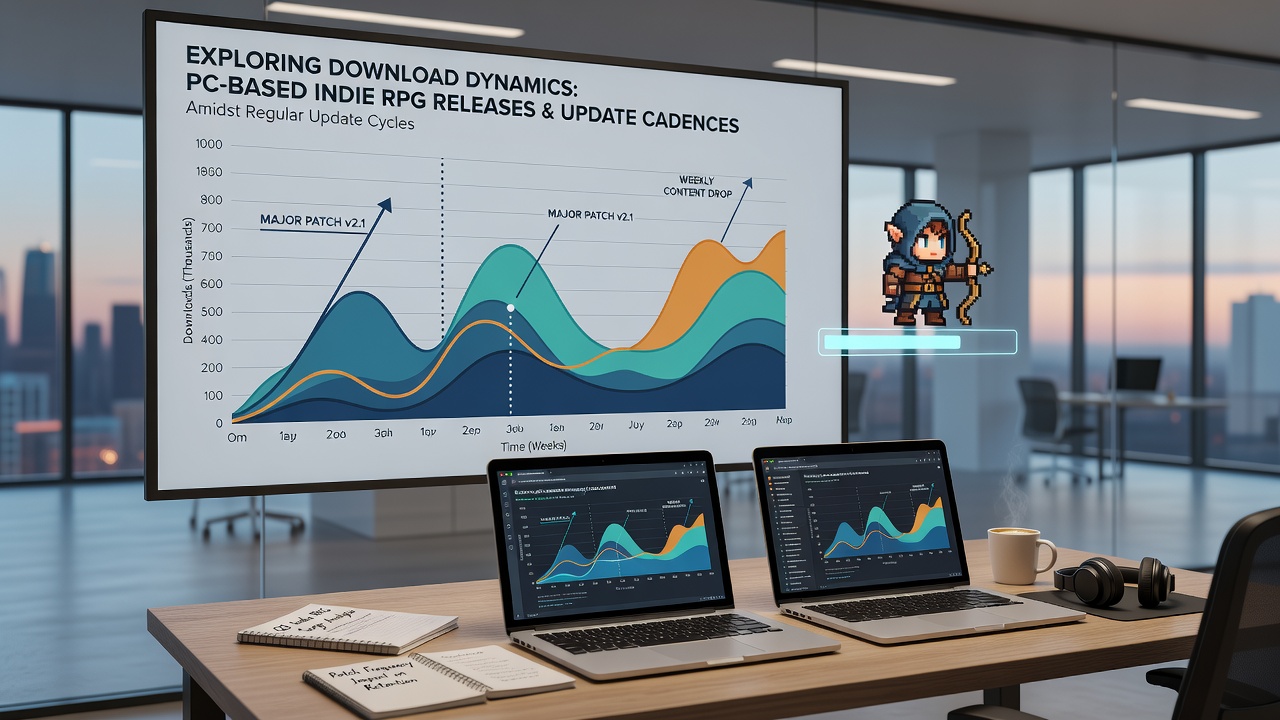 Graph illustrating cumulative download growth for indie RPGs grouped by update frequency over a 12-month period