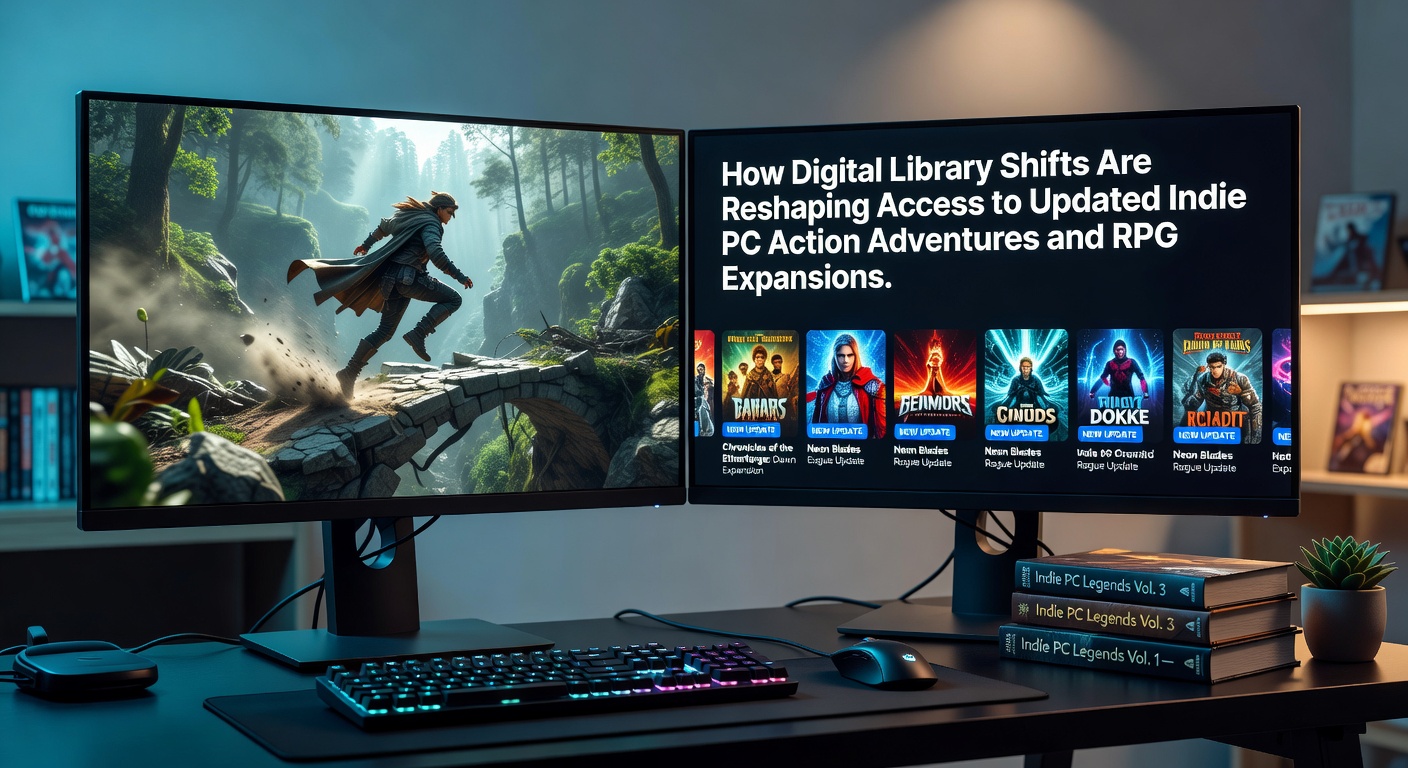 Digital library interface showing indie PC game collections with action adventures and RPG expansions highlighted