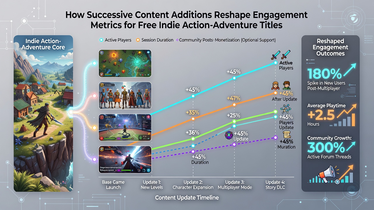 Analytics dashboard displaying engagement metrics for several indie action-adventure titles with update timelines highlighted