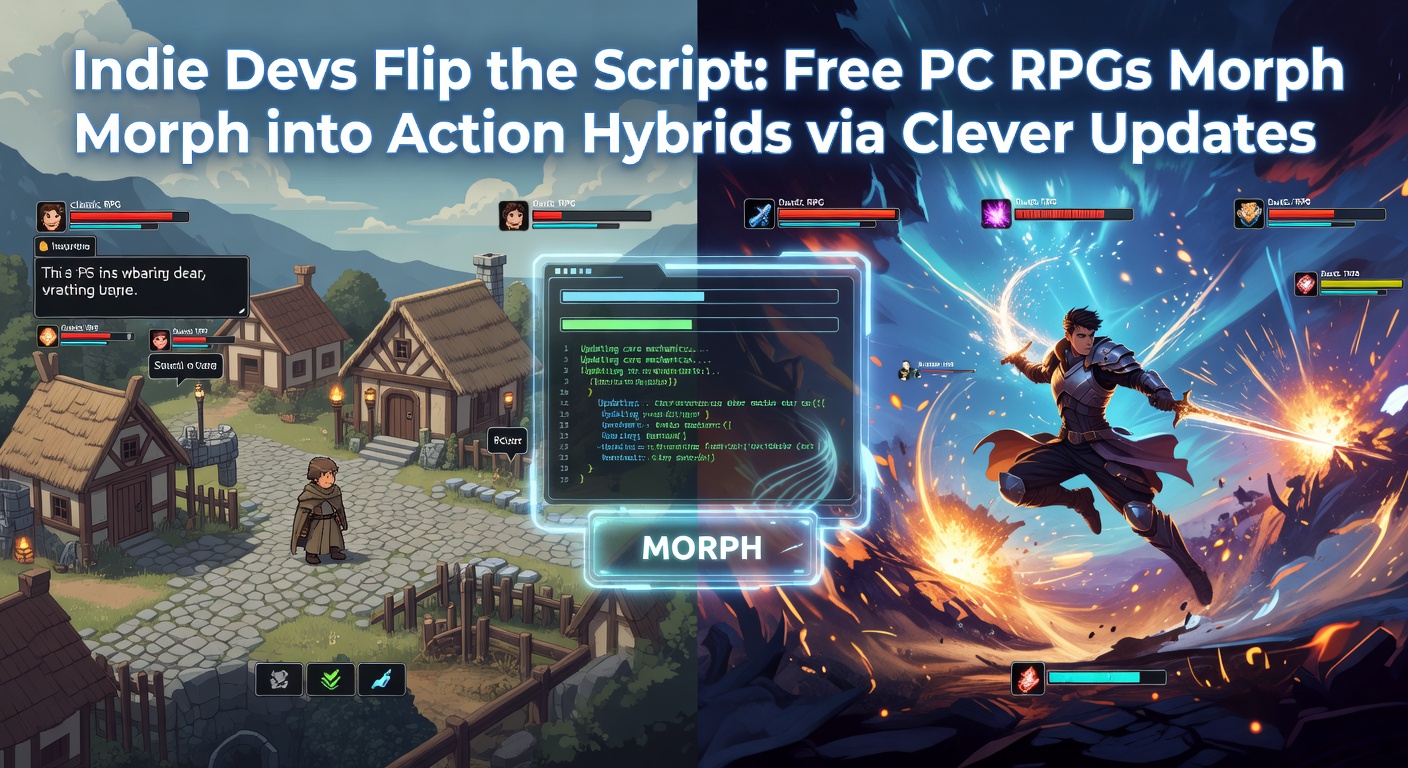 Screenshot of an indie RPG transitioning from turn-based grid combat to fluid real-time action sequences, highlighting updated hybrid mechanics