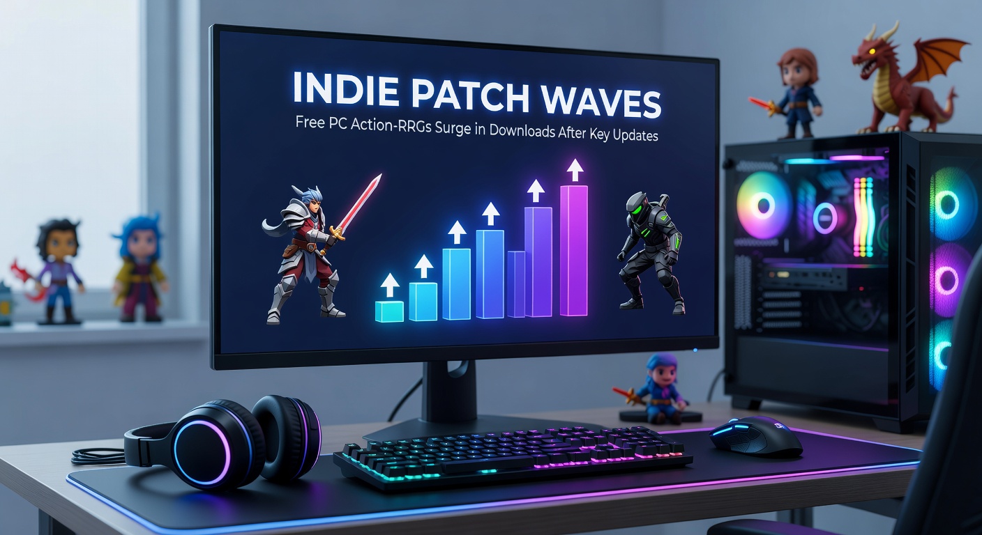 Chart displaying download spikes for indie action-RPGs post-patch, with bars towering after key update dates in early 2026