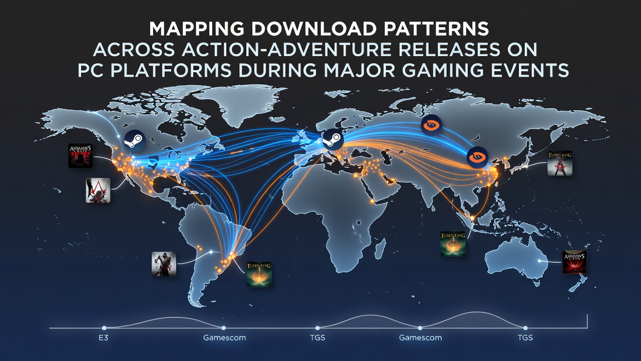Visualization of download trend mapping for action-adventure games on PC during gaming events