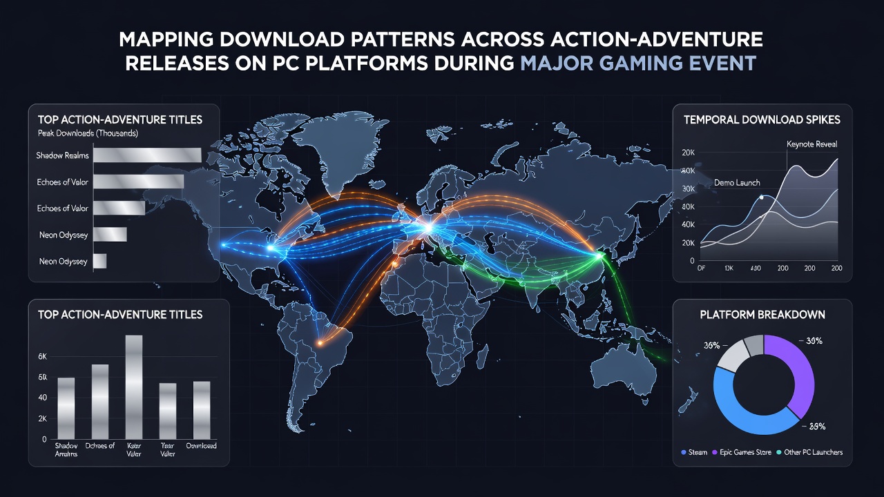 Chart showing regional download spikes for PC action-adventure games during events