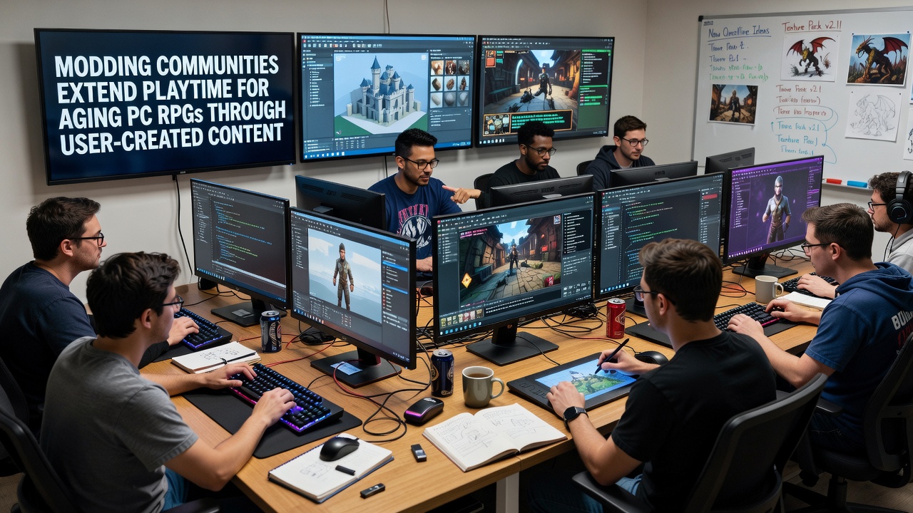 Modders collaborating on custom content for classic PC RPG titles in a community workspace