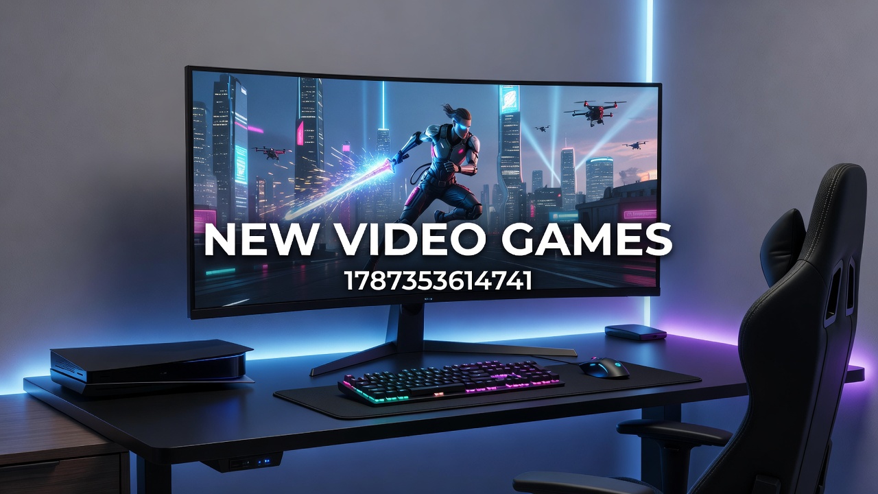 Close-up of a gaming controller next to a keyboard and screen showing in-game action from a new release