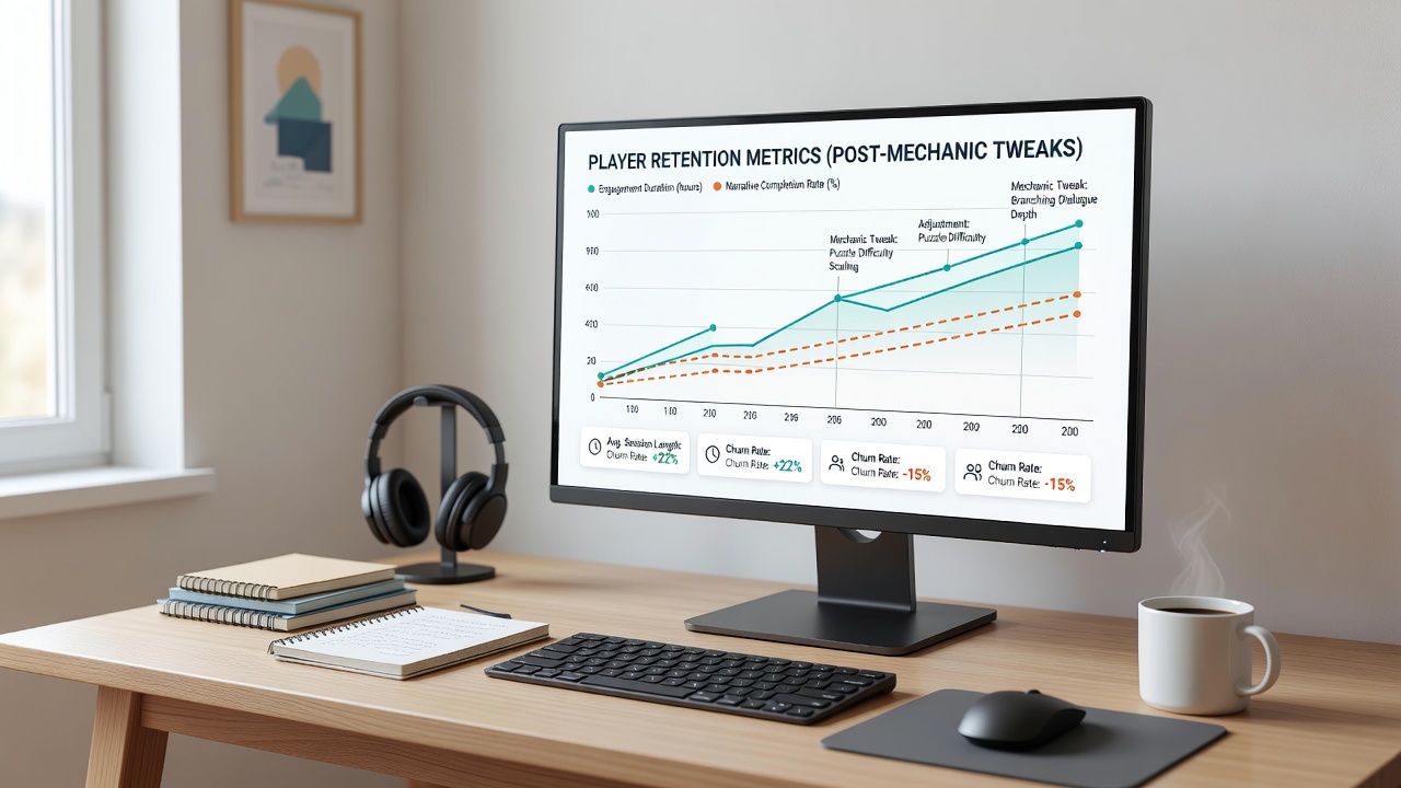 Dashboard showing player retention metrics after mechanic updates in indie narrative games on PC