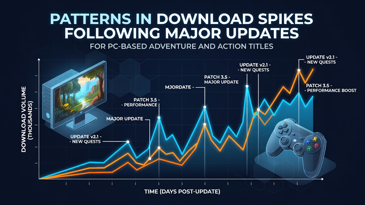 Graph showing download spikes following major updates for PC adventure and action games over time