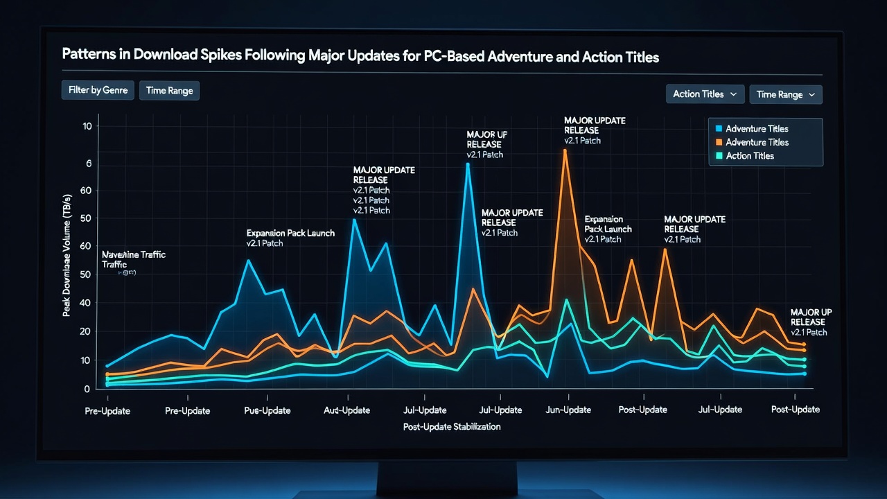 Chart illustrating regional download patterns after patches in PC action and adventure titles