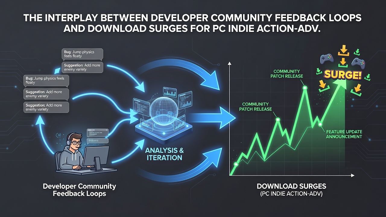 Charts showing download surge patterns following community feedback patches for indie action-adventure games