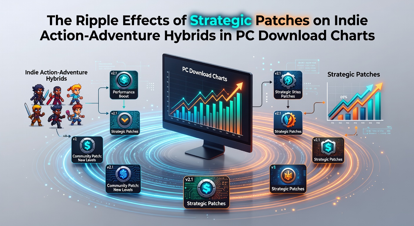 Indie action-adventure hybrid game interface showing recent patch notes and rising download metrics on a PC chart